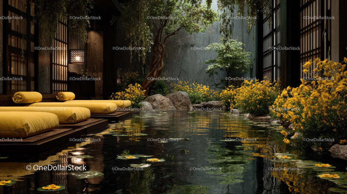 Serene Outdoor Spa Scene with Yellow Towel and Water Lilies Stock Photo Bundle preview 9
