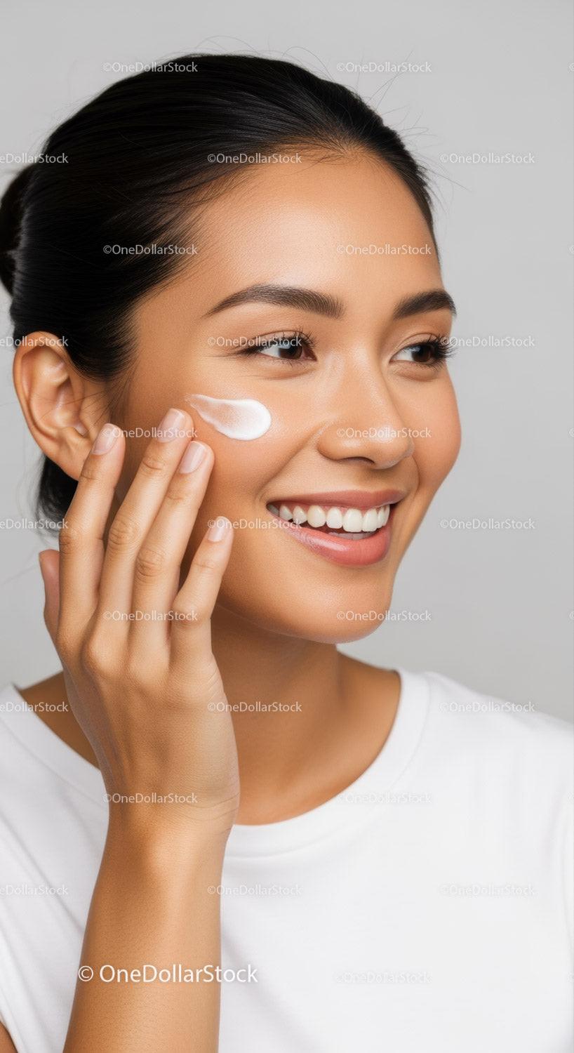 Young Woman Applying Facial Cream for Glowing Skin