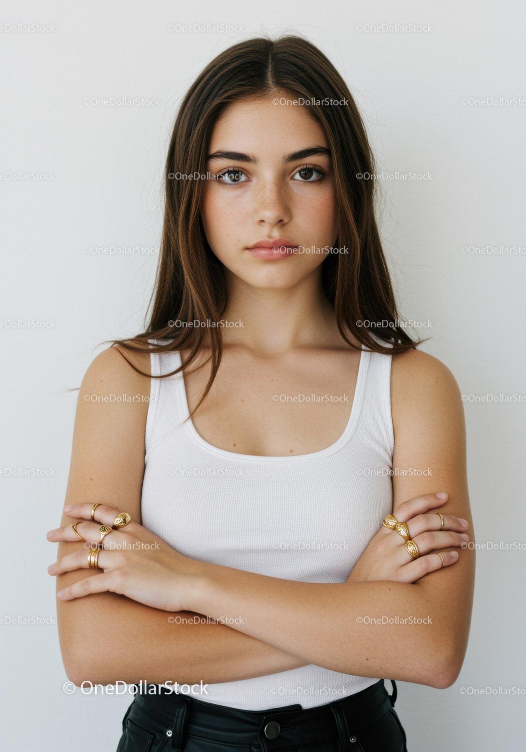 Confident Young Woman with Freckles and Jewelry in Minimalist Style