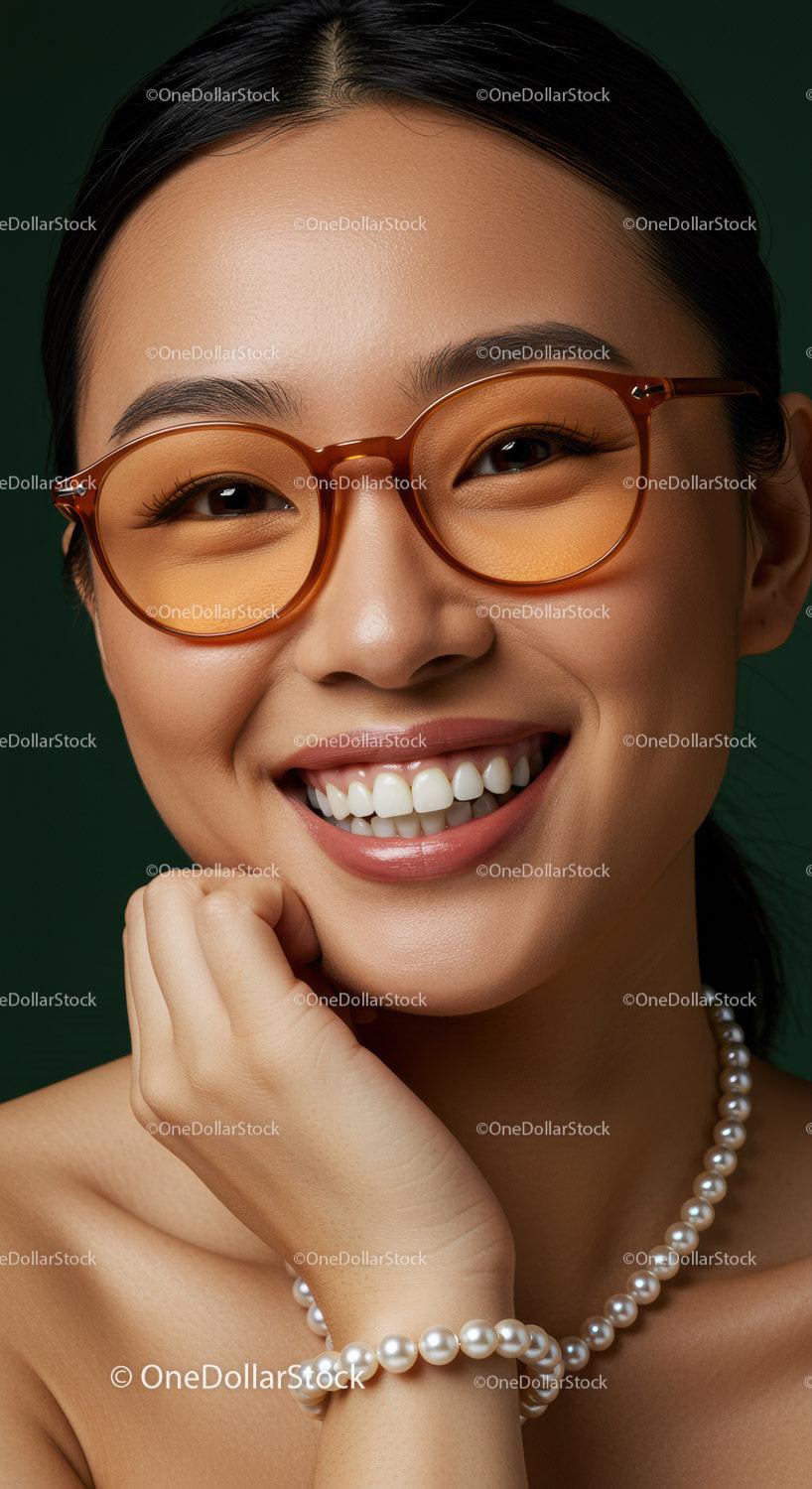 Smiling woman wearing orange glasses and pearl jewelry