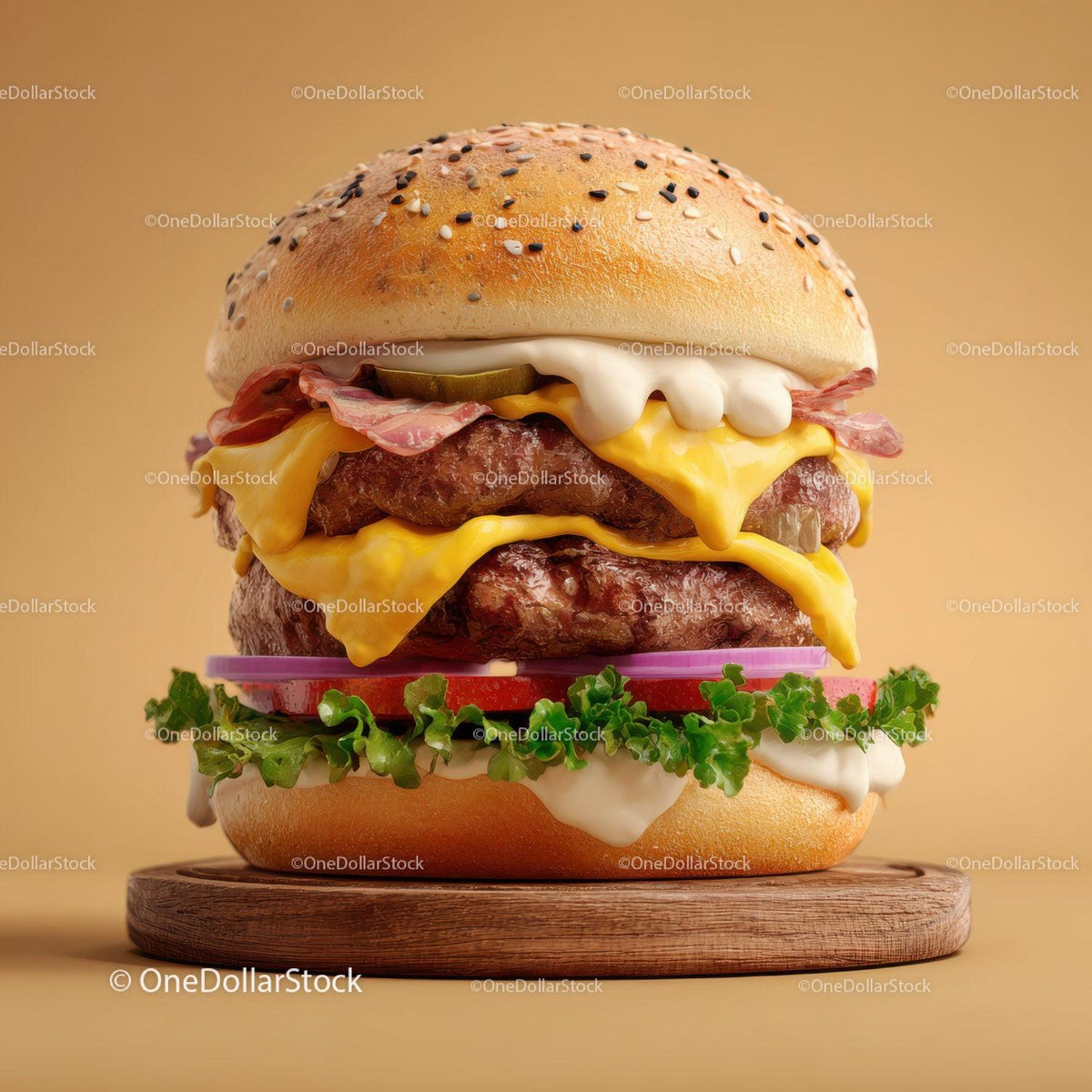 Gourmet Cheeseburger with Cheese Lettuce Tomato Red Onions Stock Photo Bundle preview 25