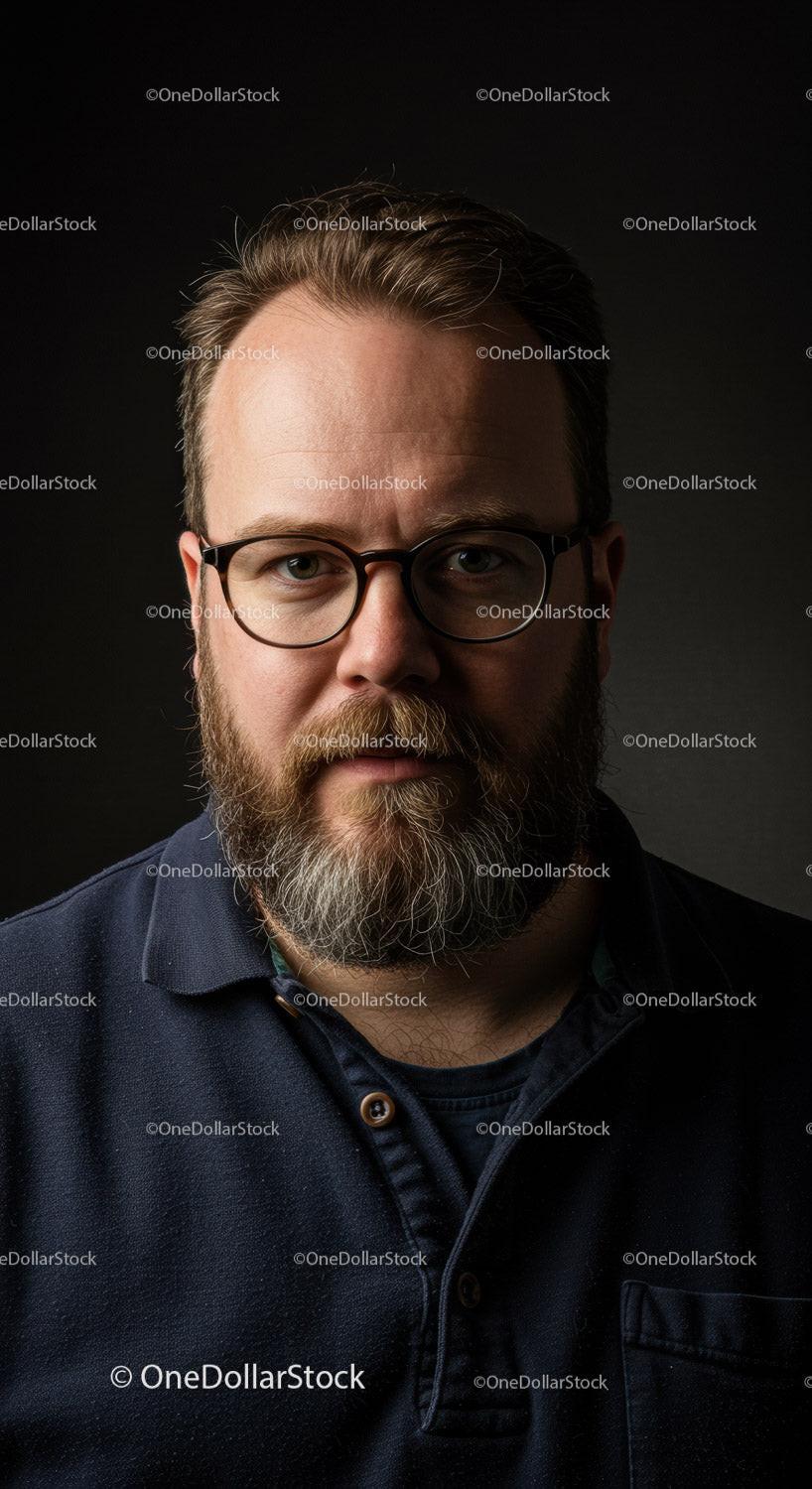 Middle aged bearded man wearing glasses in dark shirt
