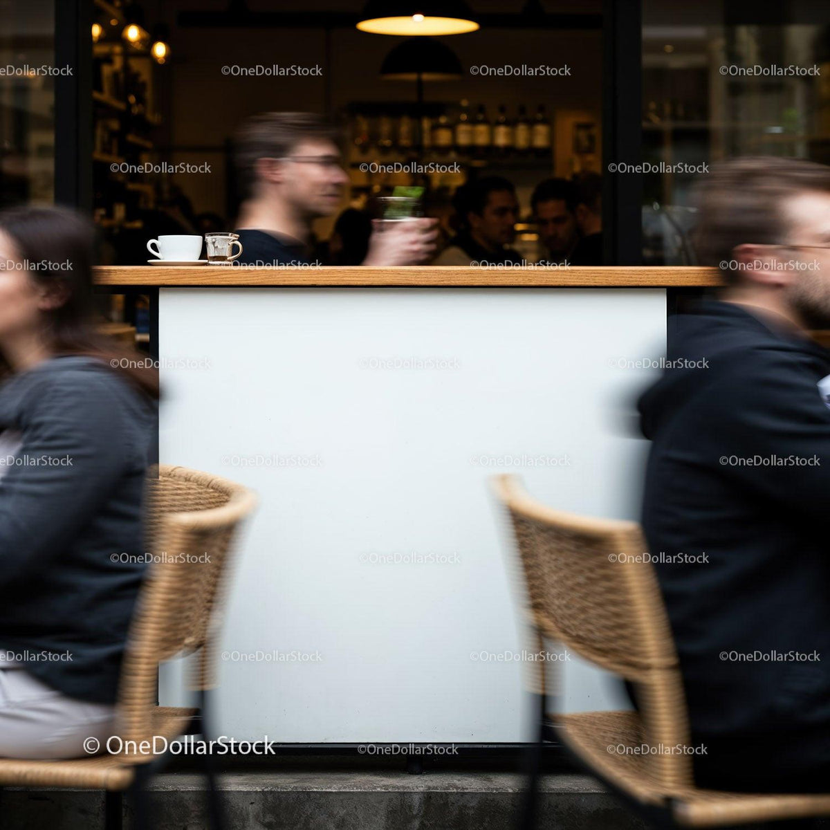 People Passing by Outdoor Café with Coffee Cups JPG Mockup Image preview