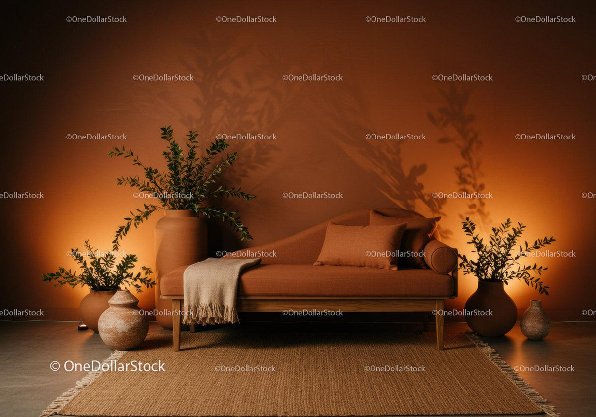 Elegant Rustic Sofa with Greenery in Warm Ambient Light