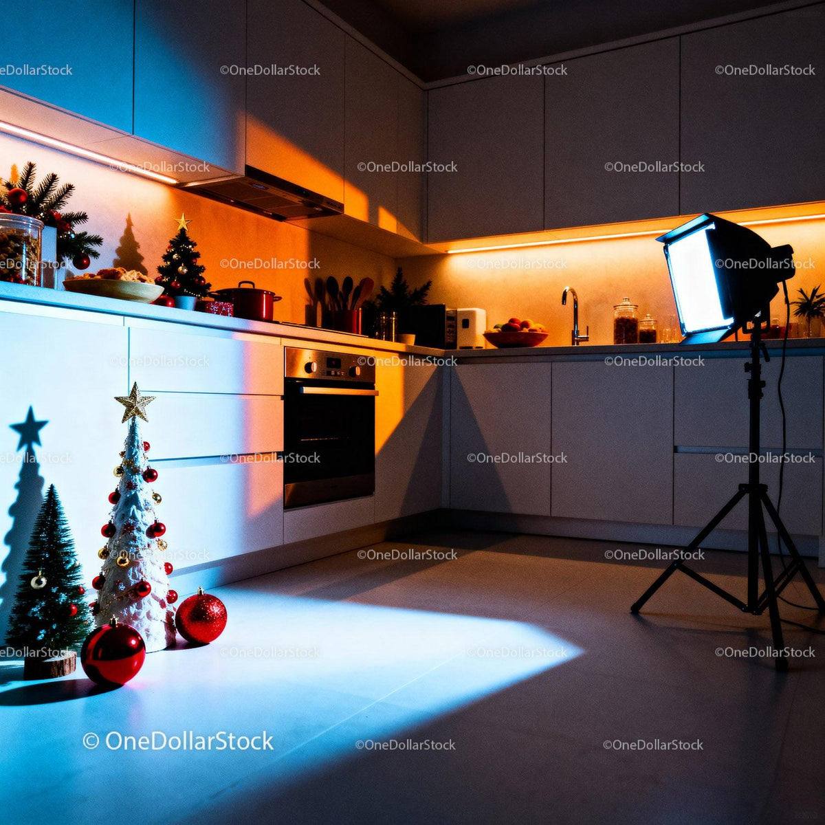 Modern kitchen illuminated with holiday decorations and light