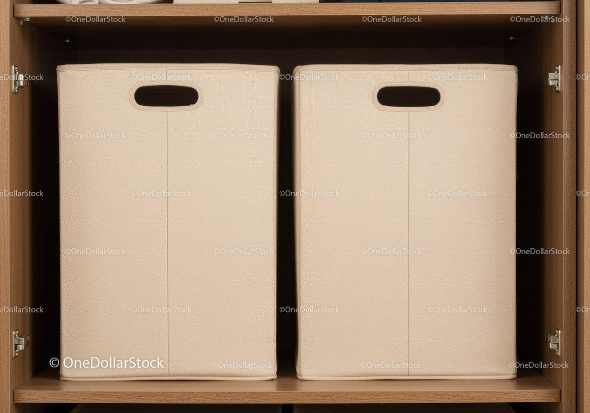 Beige Fabric Storage Bins with Handles on Wooden Closet Shelf