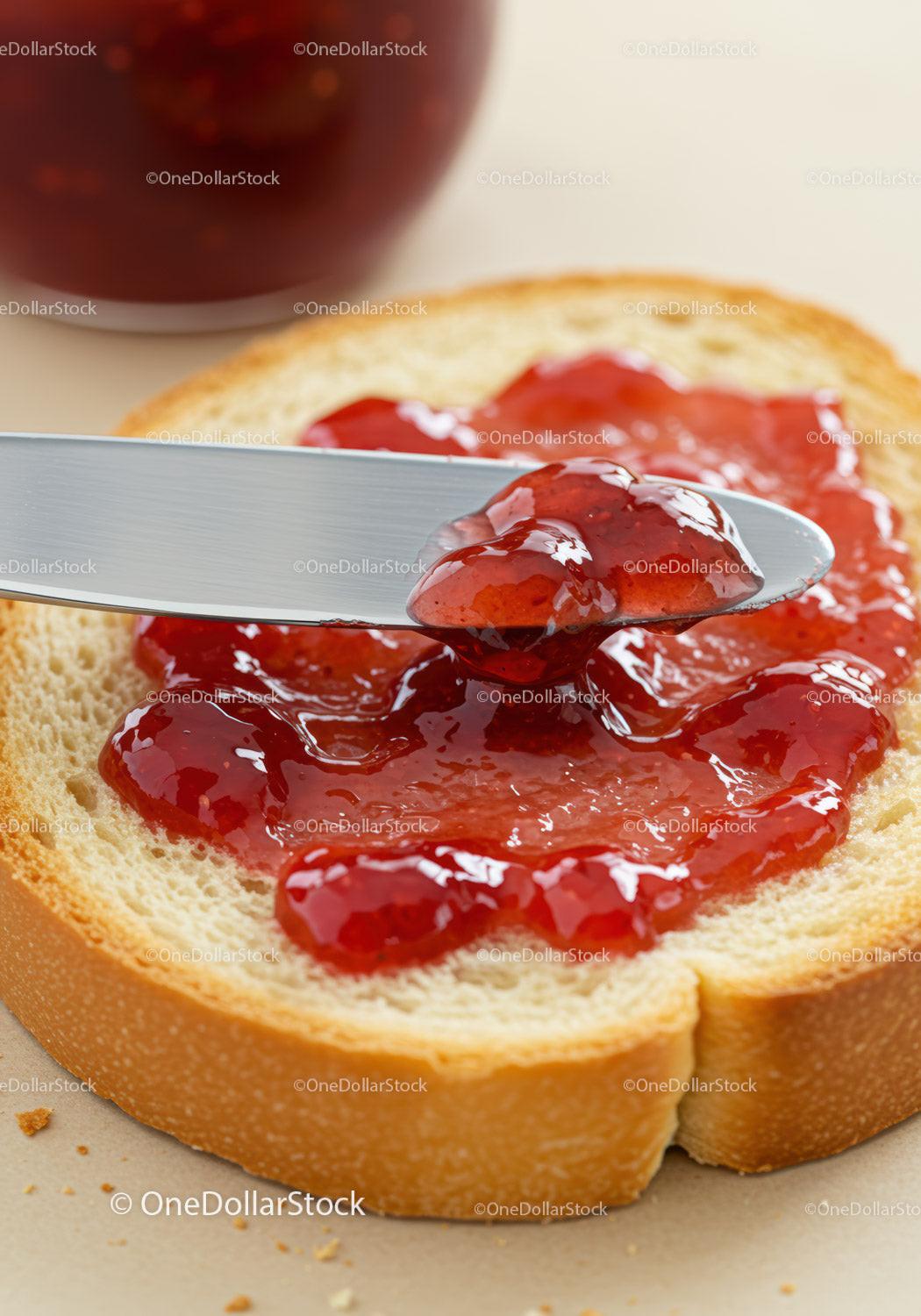 Spreading red jam on fresh white bread slice
