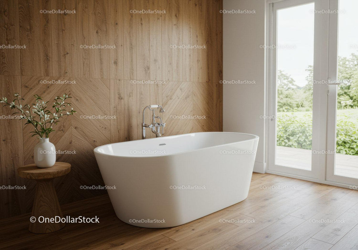 Modern Freestanding Bathtub in Bright Spa-Inspired Bathroom with Wooden Walls