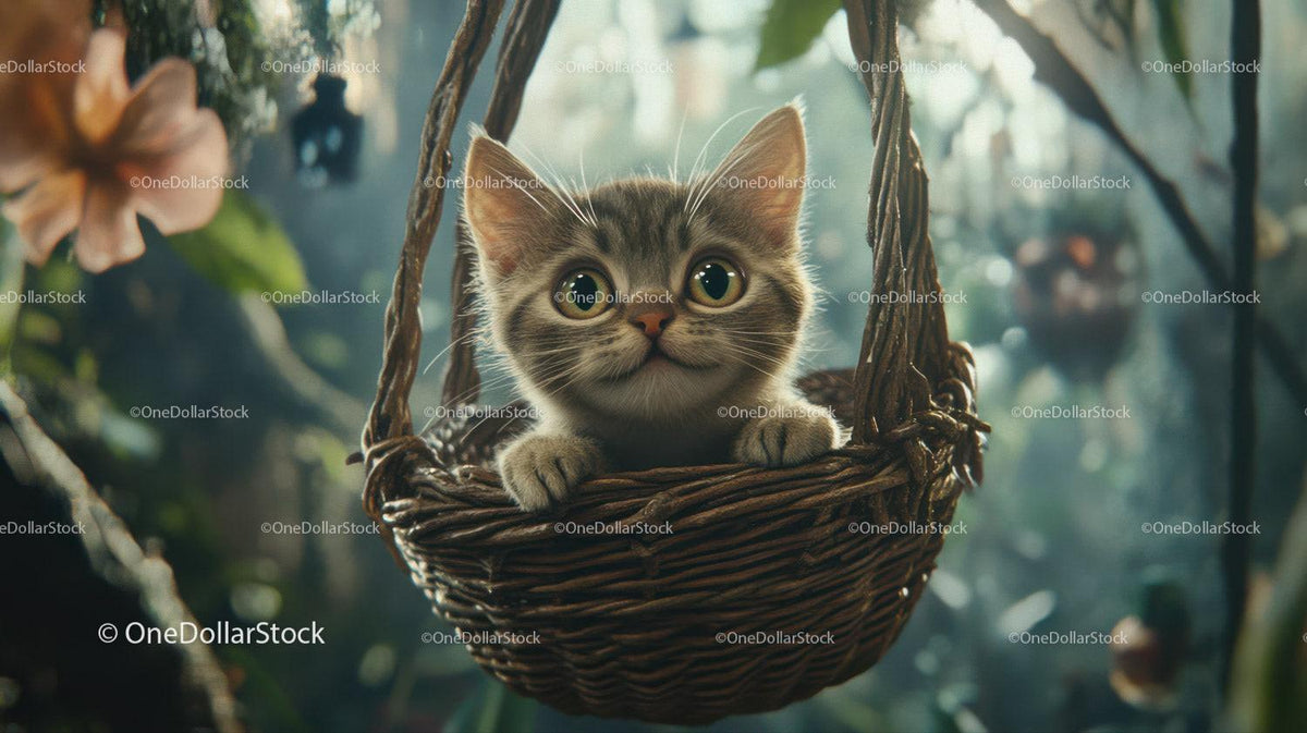 Gray tabby kitten peeking out of a hanging woven basket with blurred greenery behind