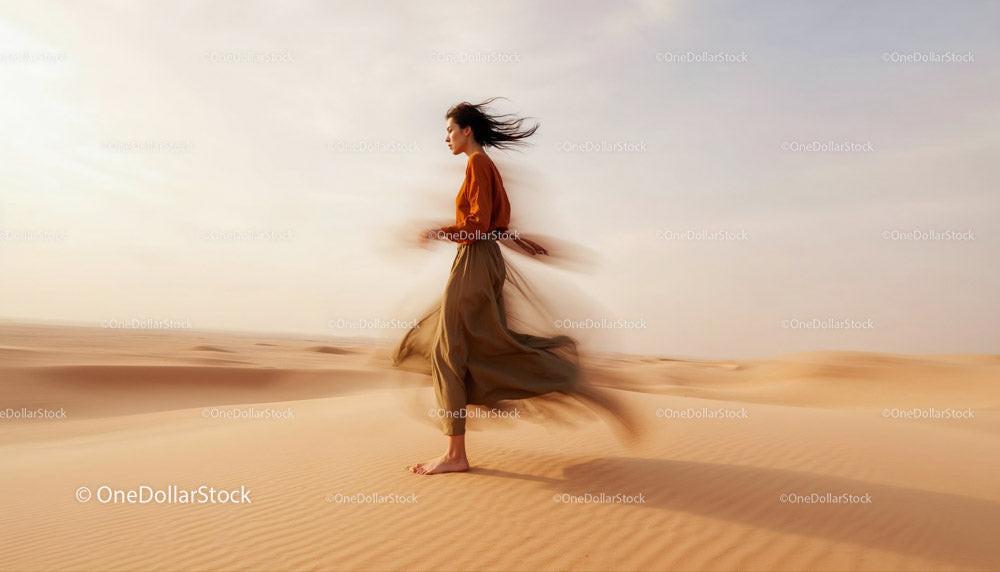 Woman Dancing in a Flowing Dress on Golden Desert Sands Stock Photo Bundle preview 12