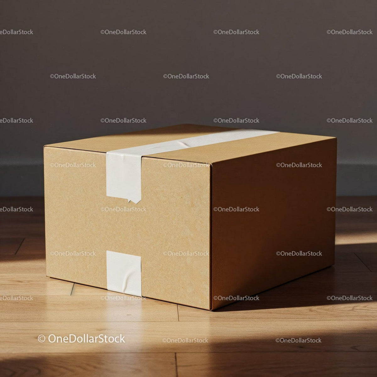 Closed cardboard box sealed with white tape on wooden floor JPG Mockup Image preview