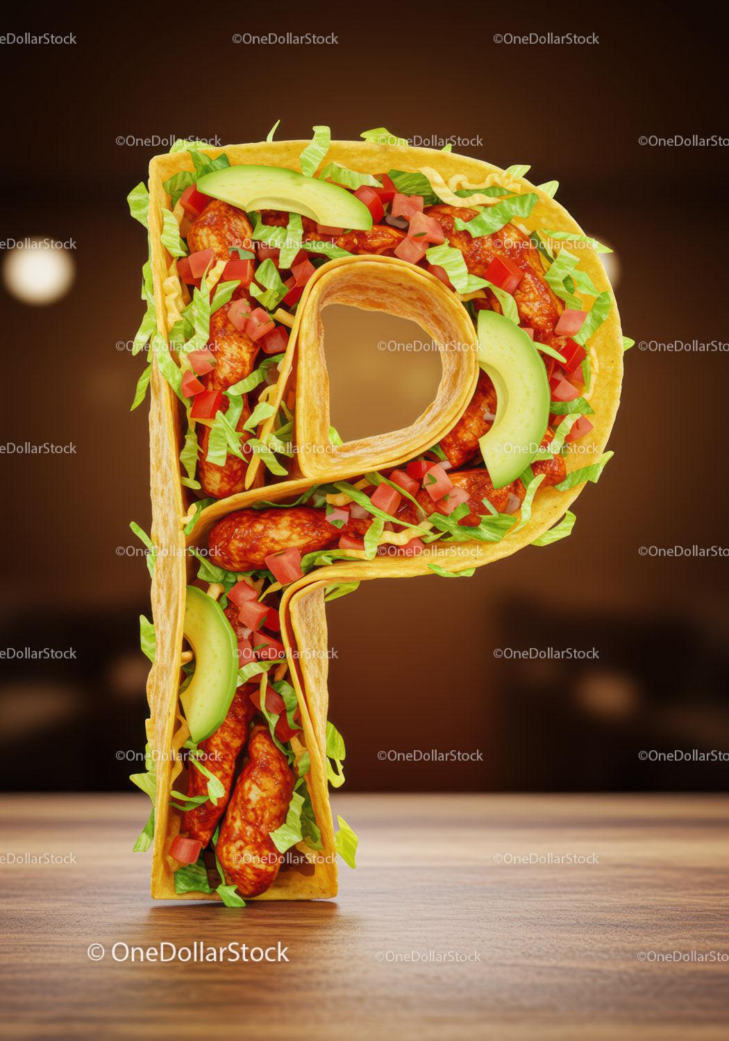Taco shaped as letter P filled with fresh ingredients