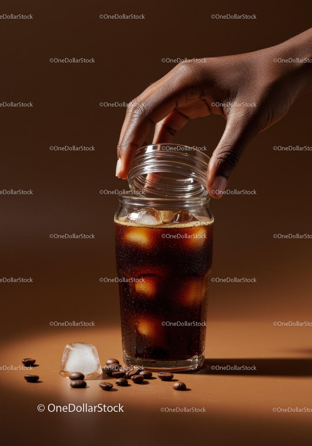 Hand placing lid on iced coffee with coffee beans