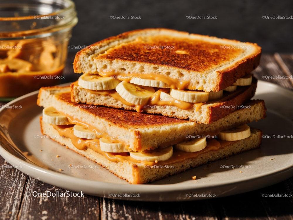 Banana and Peanut Butter Toast on Rustic Plate