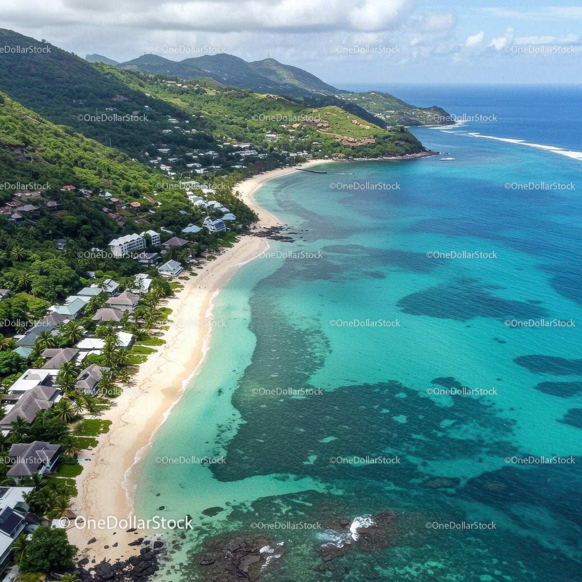 Tropical Beach with Turquoise Water and Lush Green Hills