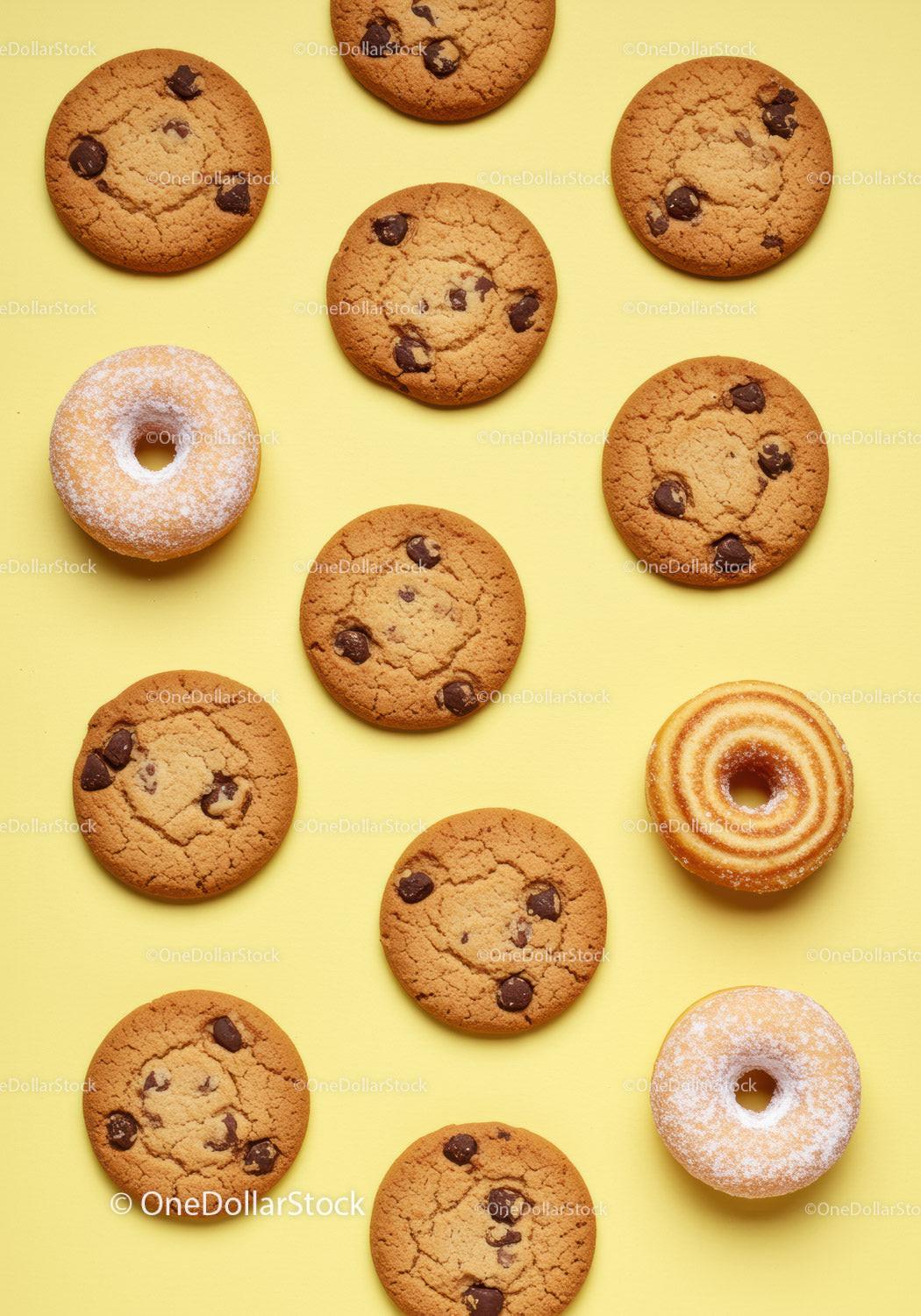 Assorted chocolate chip cookies and sprinkled donuts on yellow