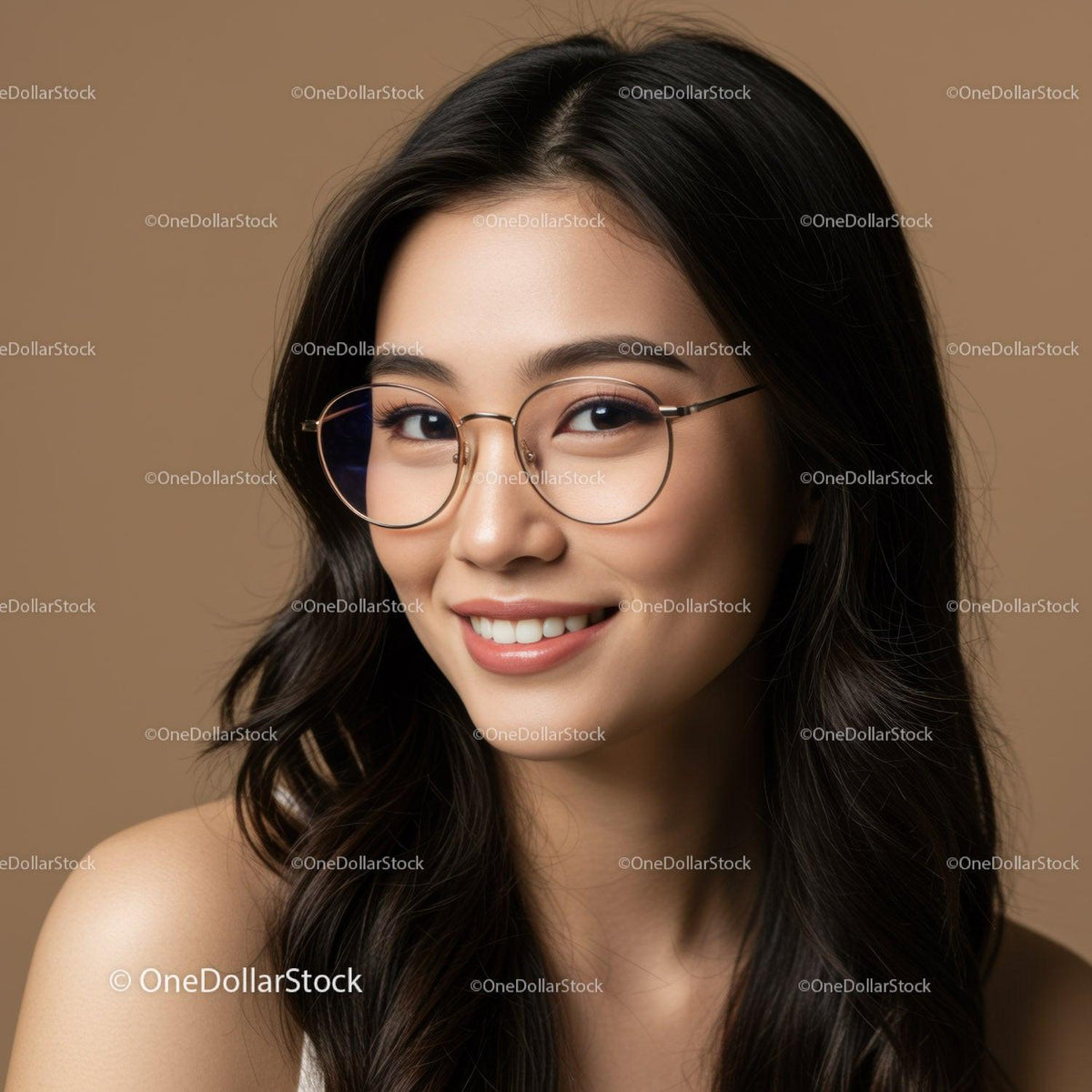 Stylish Young Woman with Glasses and Long Dark Hair Portrait