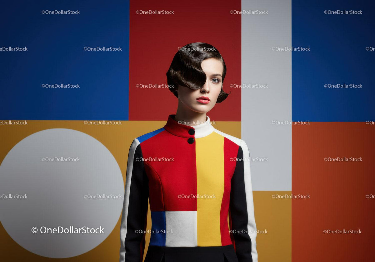 Fashion model in colorful geometric dress with retro hairstyle