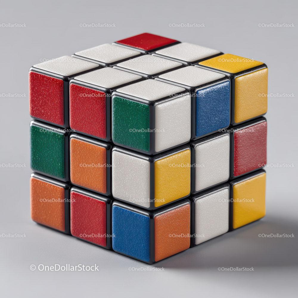 Partially solved 3x3 Rubik cube with red, white, yellow, blue, green, orange squares on grey surface