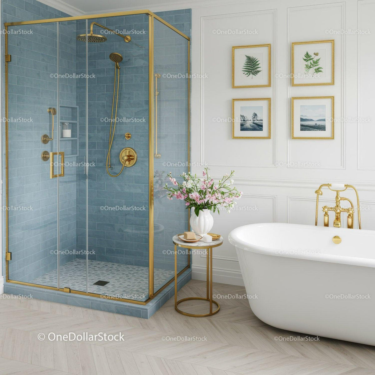 Modern Bathroom with Blue Tile Shower and Freestanding Tub