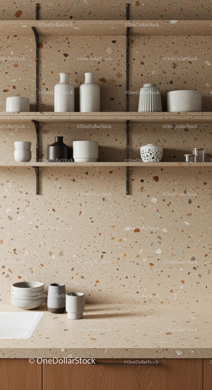 Modern Kitchen with Terrazzo Wall and Ceramic Decor Shelves