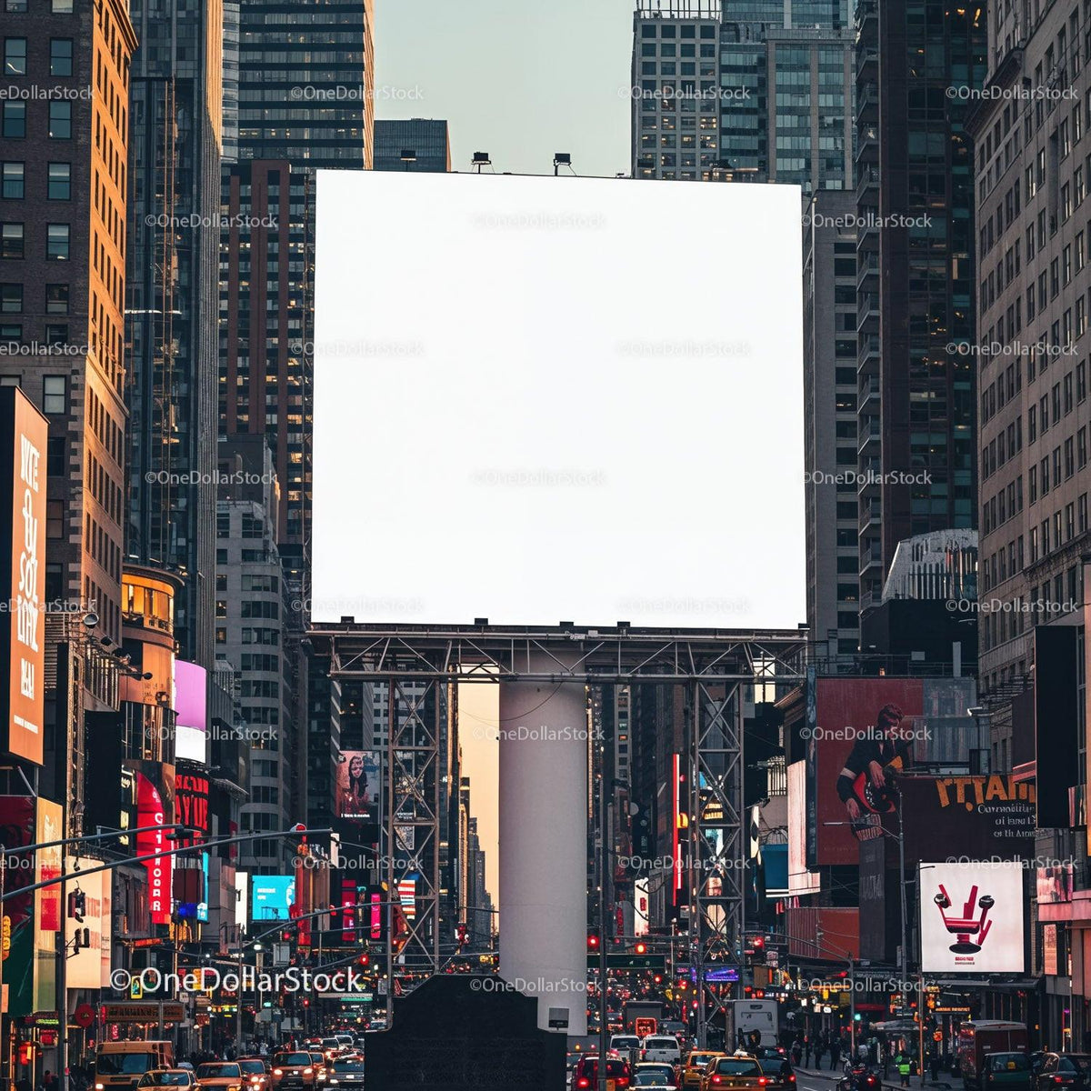 Busy city street with large blank billboard at dusk JPG Mockup Image preview