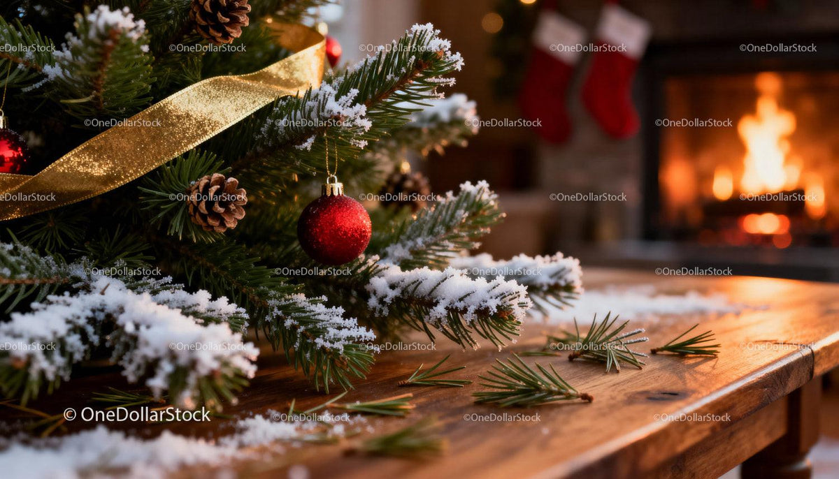 Snow-dusted Christmas tree branch with cozy fireplace glow