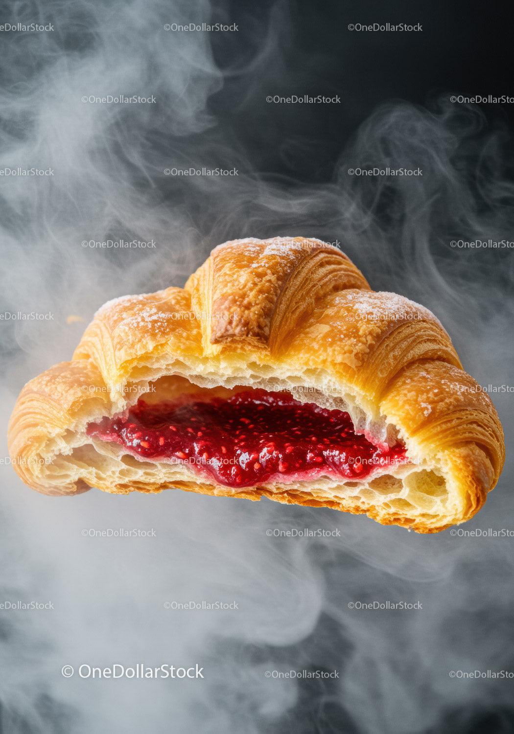 Fresh croissant filled with raspberry jam