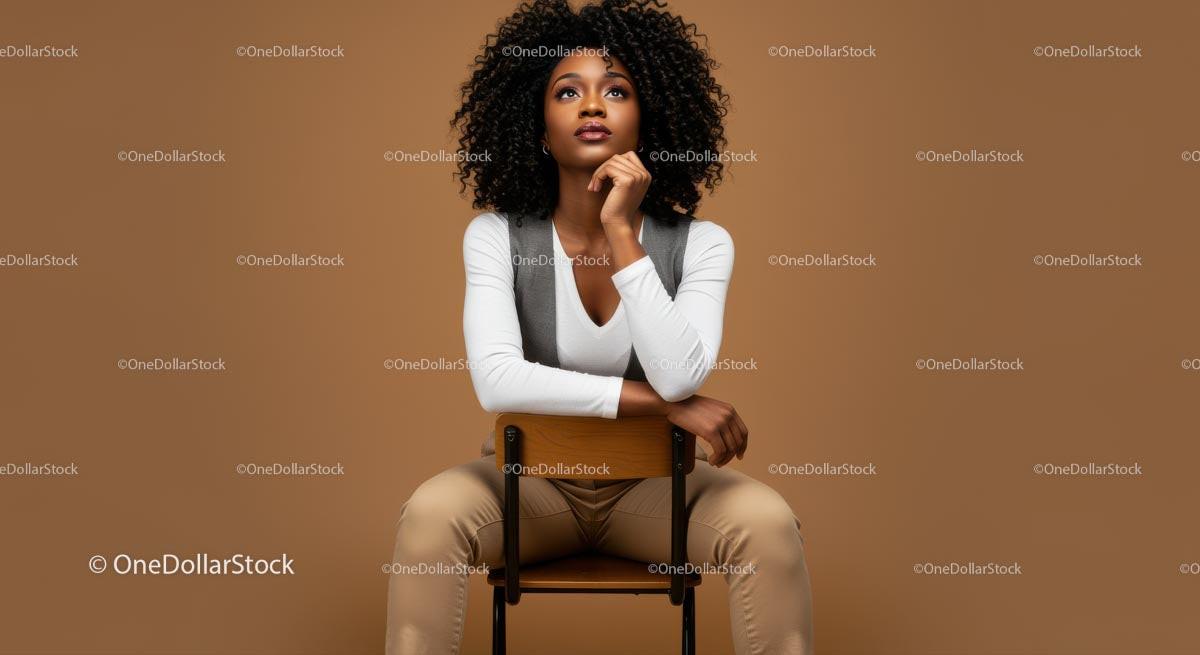 Stylish Young Woman Sitting on Chair in Casual Outfit Against Neutral Background