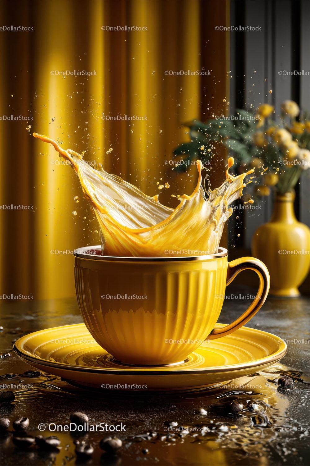 Yellow Coffee Mug with Splashing Coffee and Beans in Modern Scene