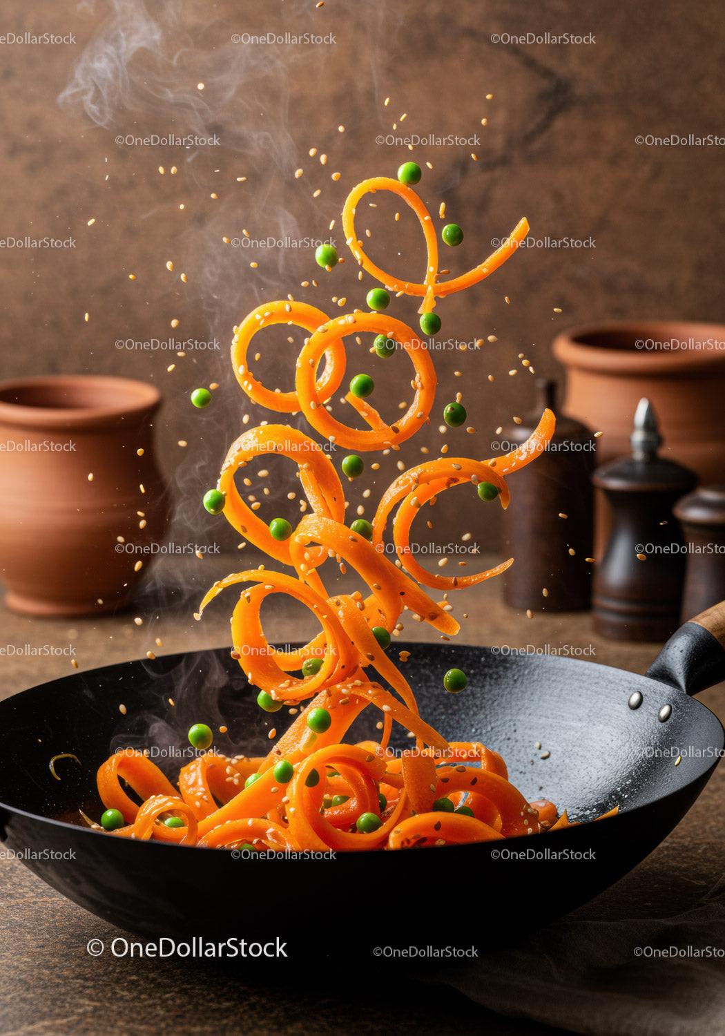 Spiral carrot ribbons and peas tossed in wok