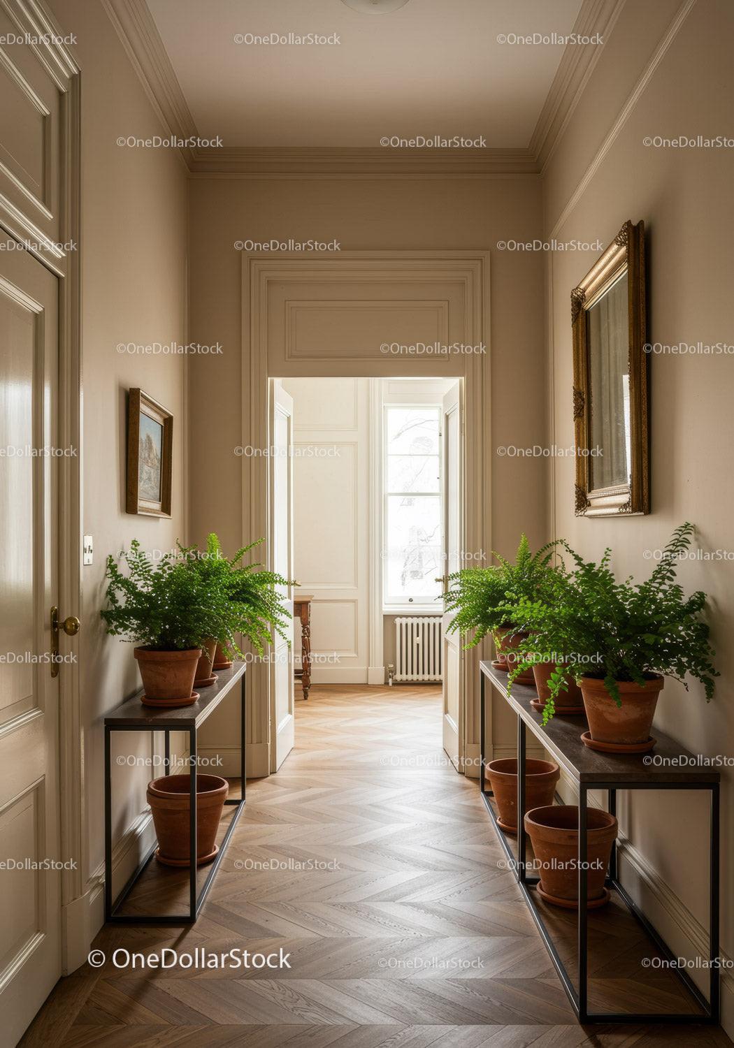 Elegant Classic Interior Hallway with Fern Plants and Parquet Floor