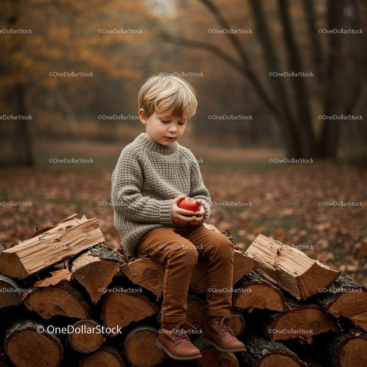 Young boy sitting on firewood stack holding red apple