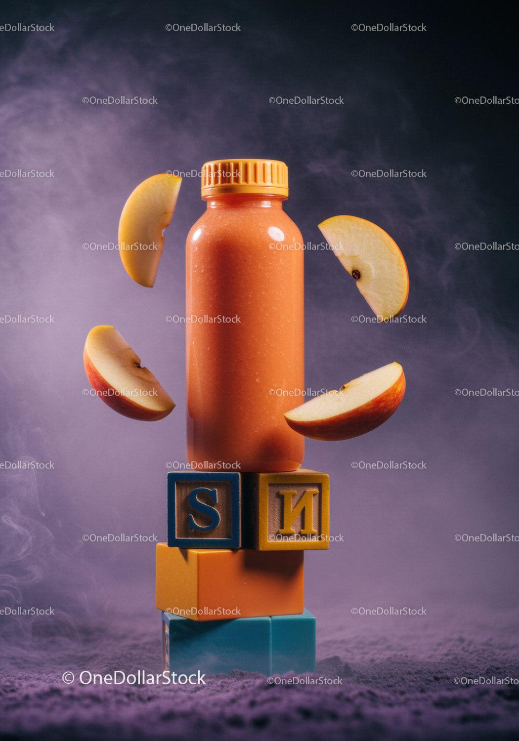 Fresh apple smoothie bottle with floating fruit slices JPG Mockup Image preview
