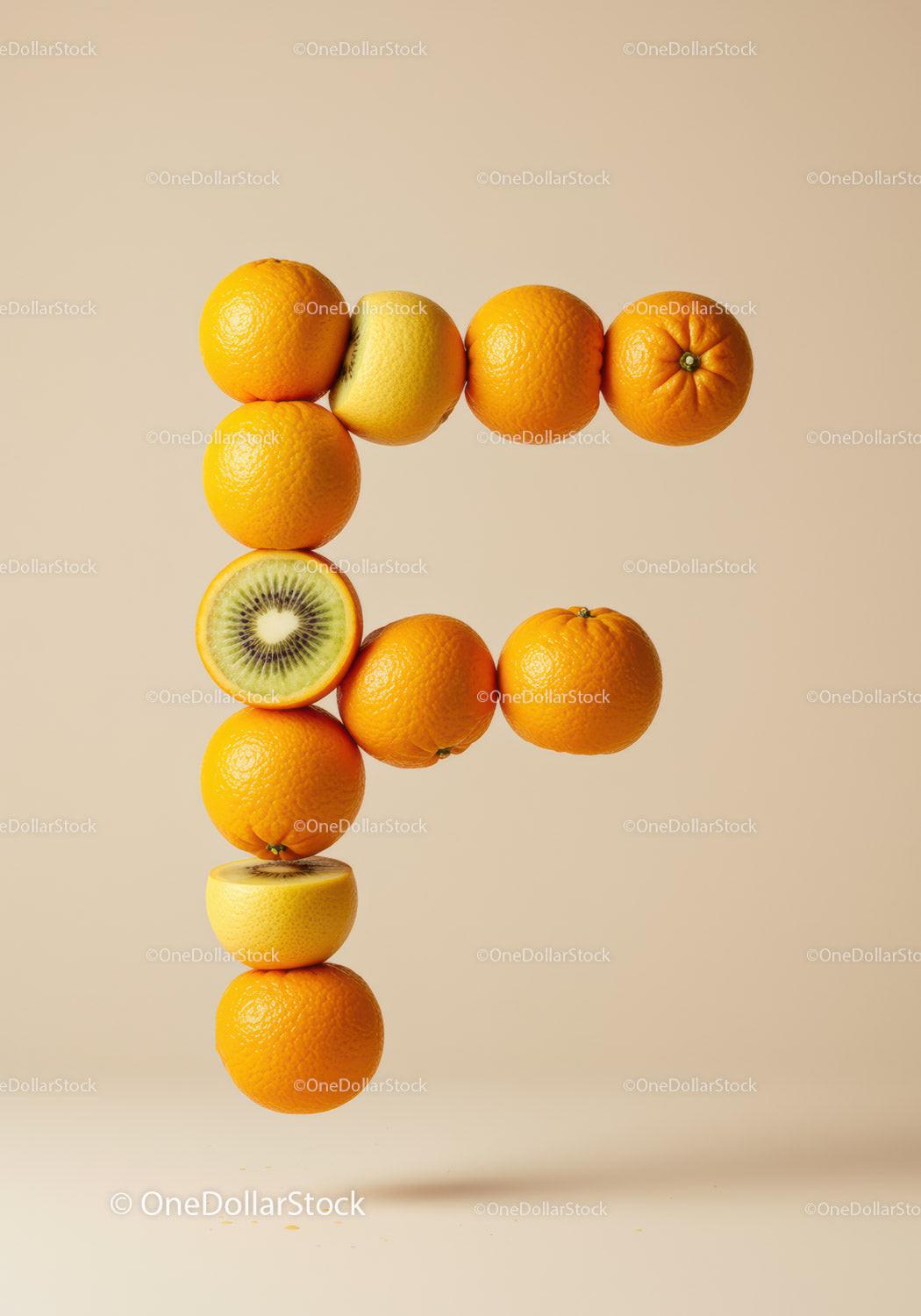 Fresh citrus fruits arranged in the shape of letter F