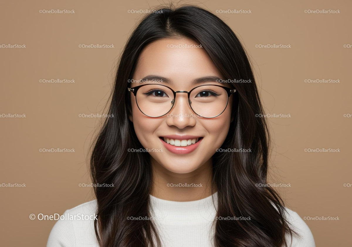 Young Woman with Glasses Smiling Portrait in Neutral Background