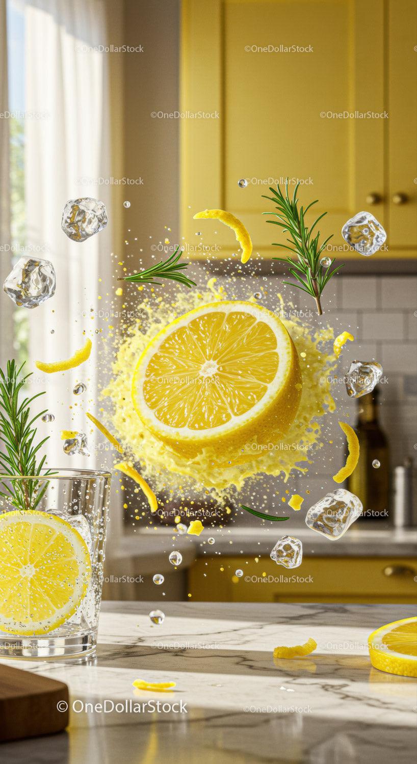 Refreshing Lemon Splash with Ice and Rosemary Herbs