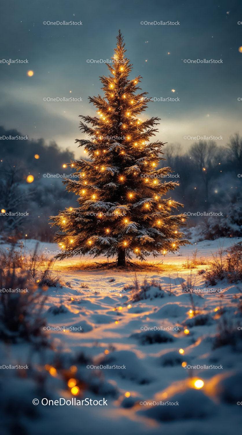 Snowy Christmas Tree Glowing with Warm Lights