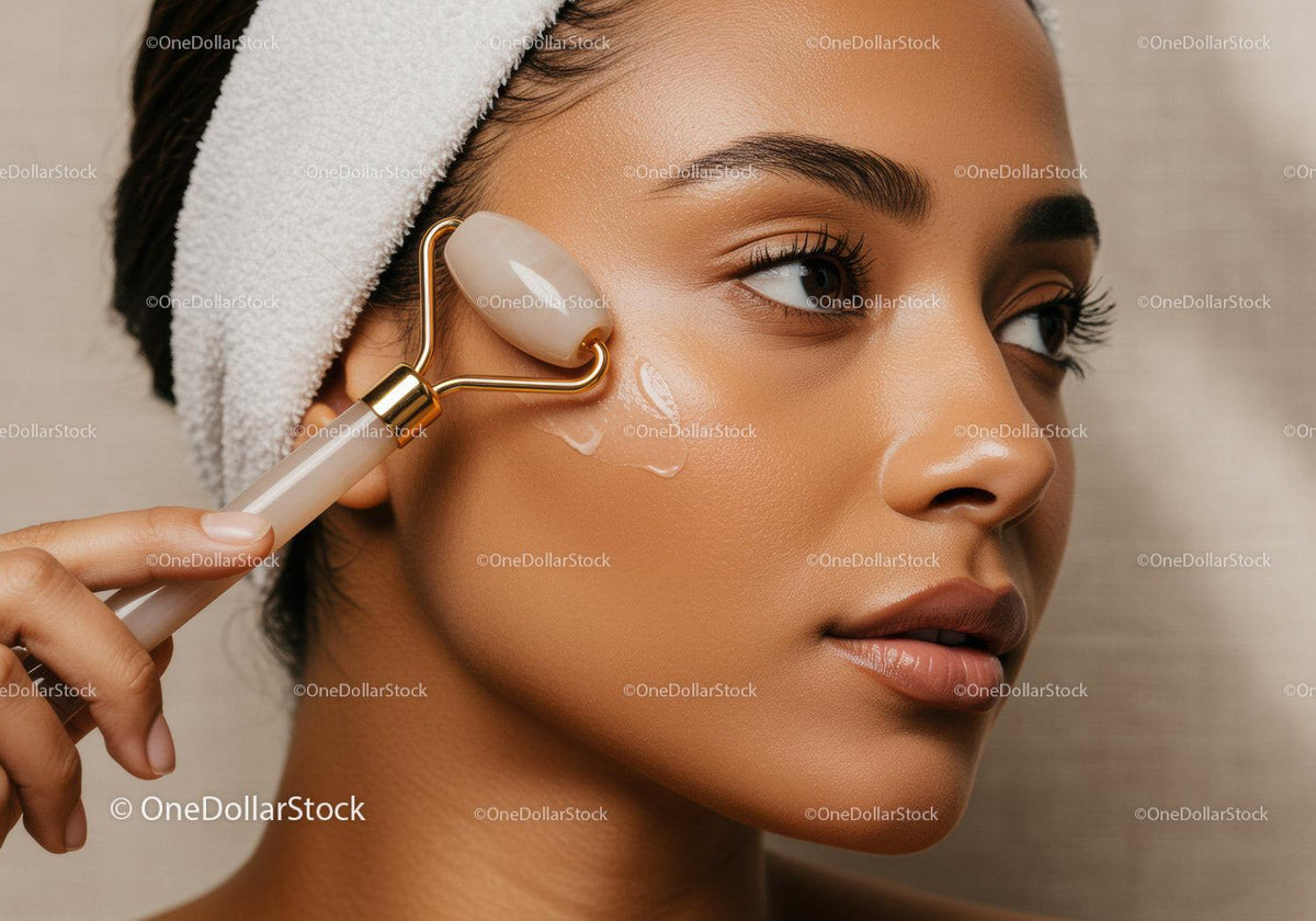 Close Up of a Woman Using a Facial Roller for Skin Rejuvenation