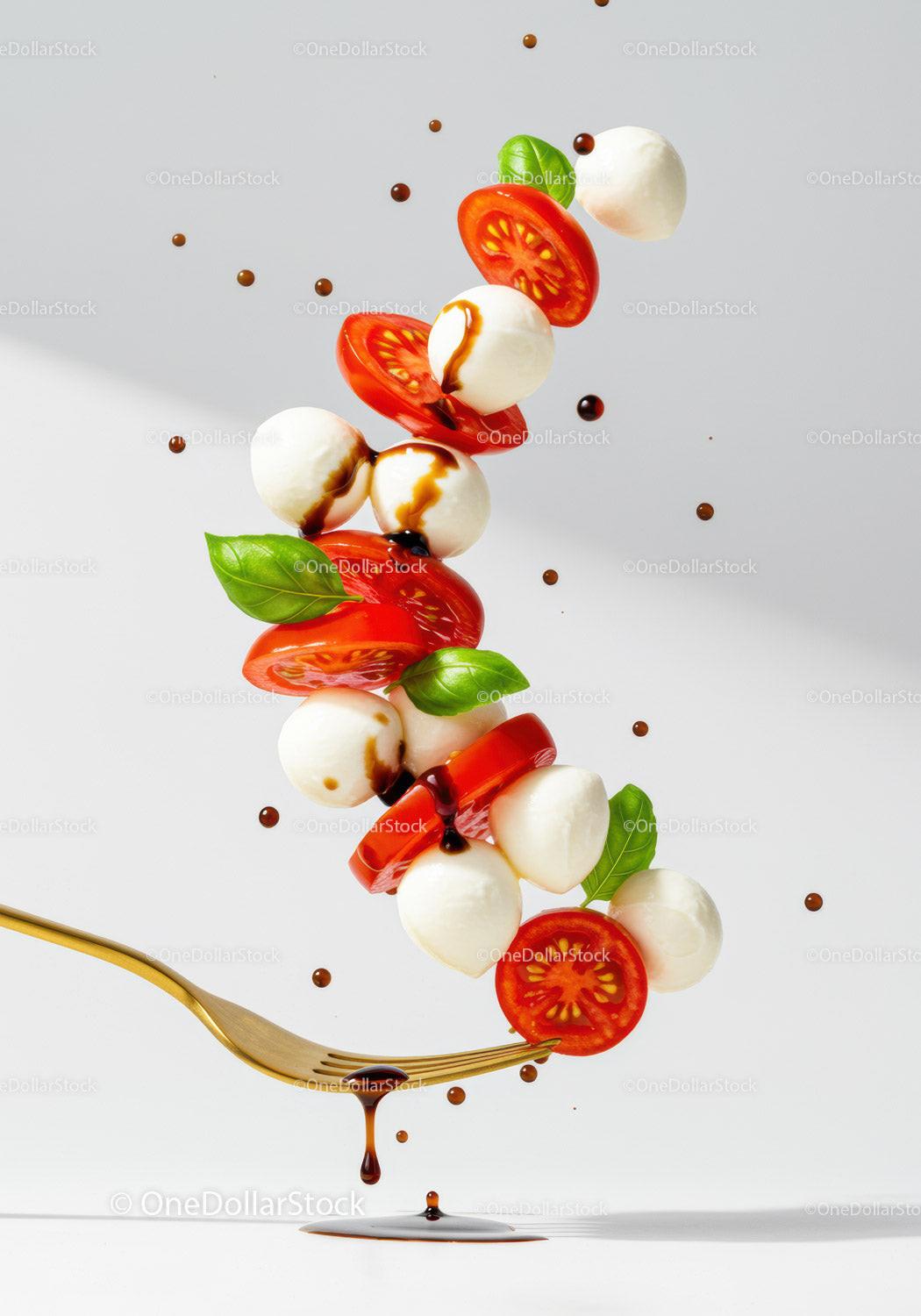 Fresh Caprese Ingredients with Balsamic Drizzle in Motion
