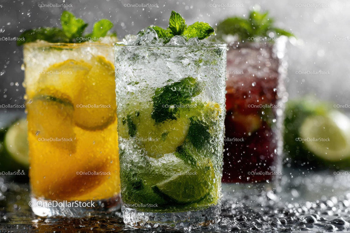 Colorful Fruit Cocktails with Ice and Fresh Herbs