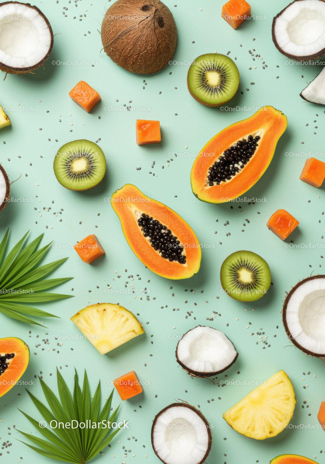 Tropical fruits and seeds flat lay on pastel background