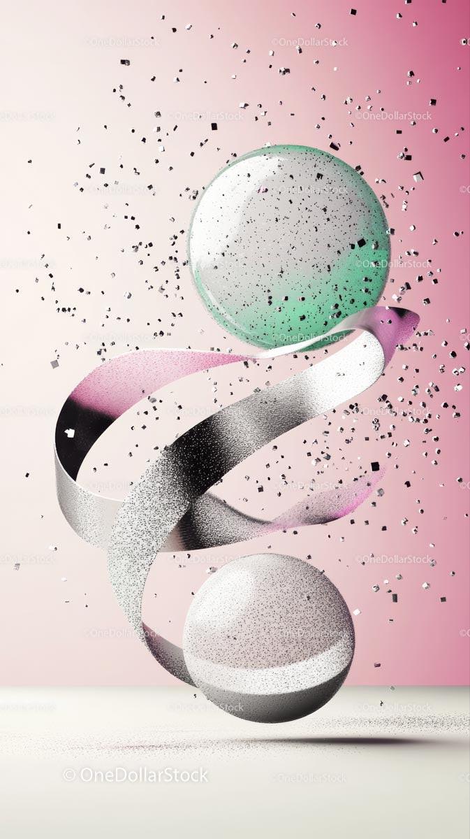 Abstract Metallic Confetti and Surreal Spheres in Modern Art Style