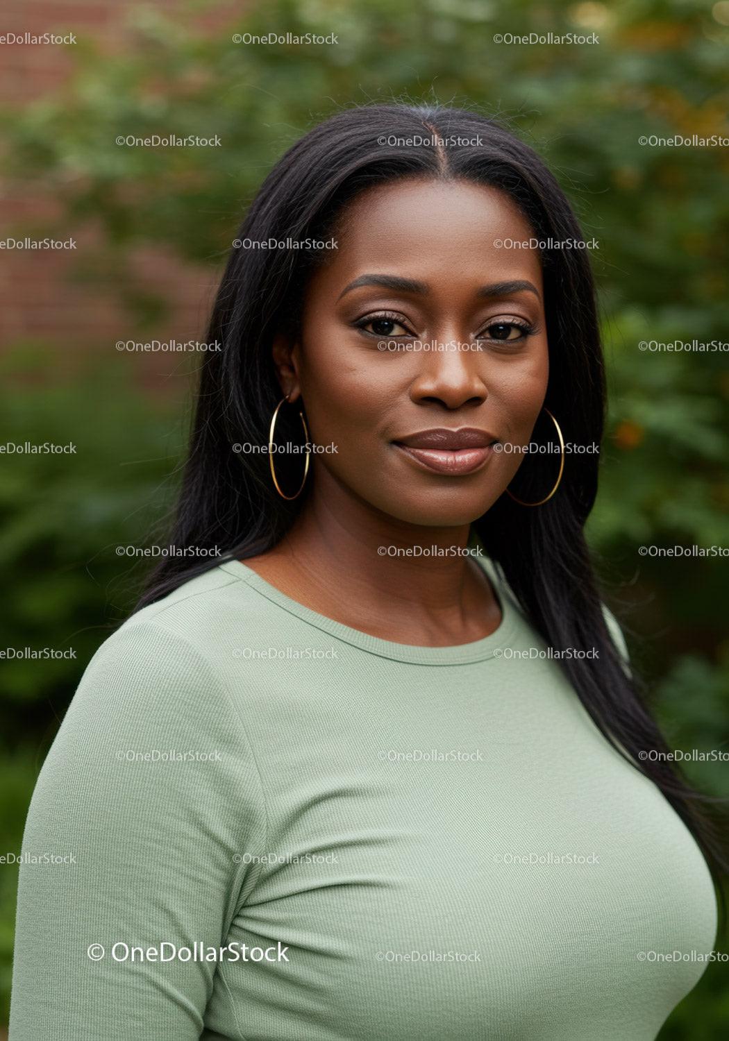 Confident woman with hoop earrings outdoors in soft light