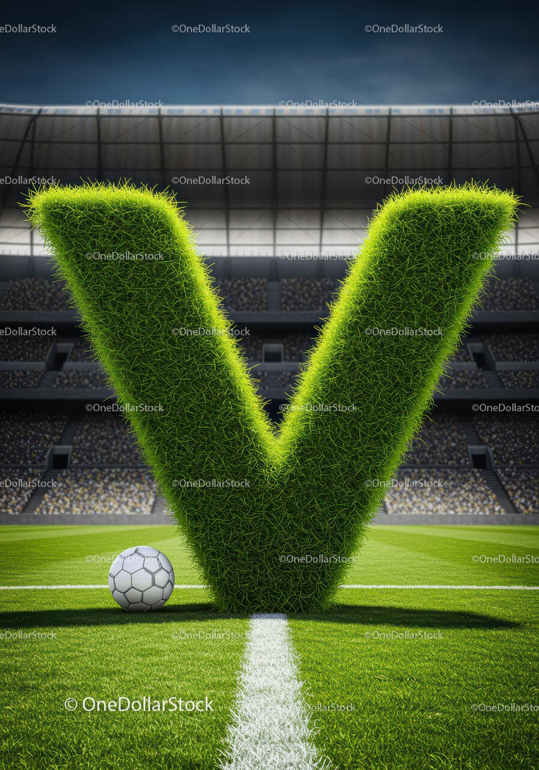 Large Grass Letter V on Soccer Field with Ball