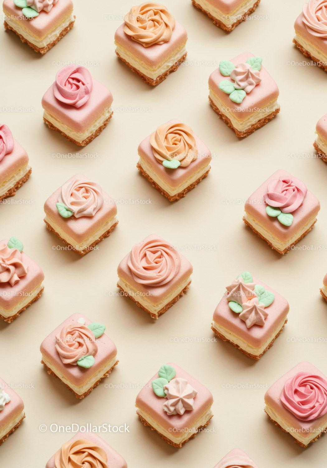 Assorted Miniature Cakes with Floral Icing Decorations