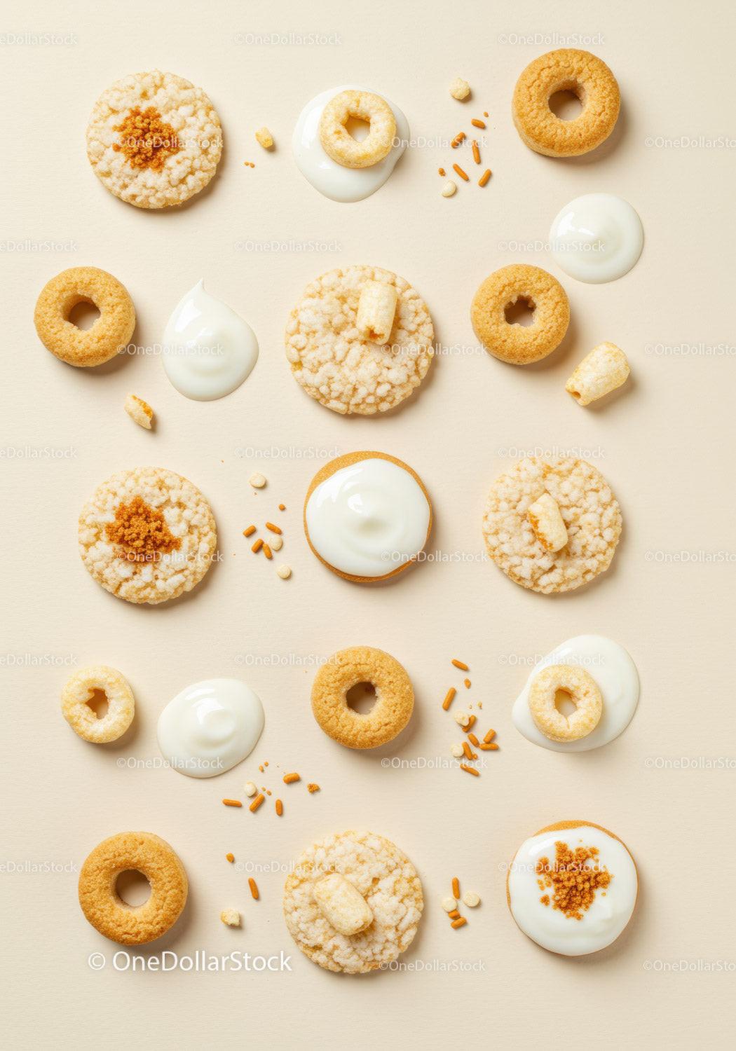Assorted rice cakes and crunchy cereal with yogurt drops