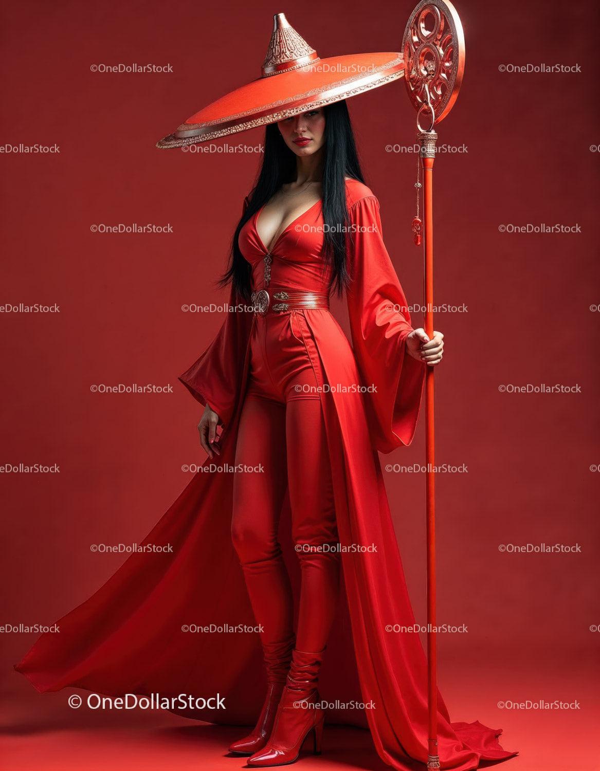 Elegant Woman in Red Dress with Accessories Against Red Background Stock Photo Bundle preview 18