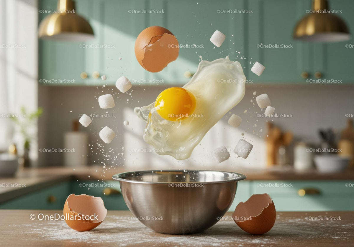 Floating cracked egg and sugar cubes over mixing bowl