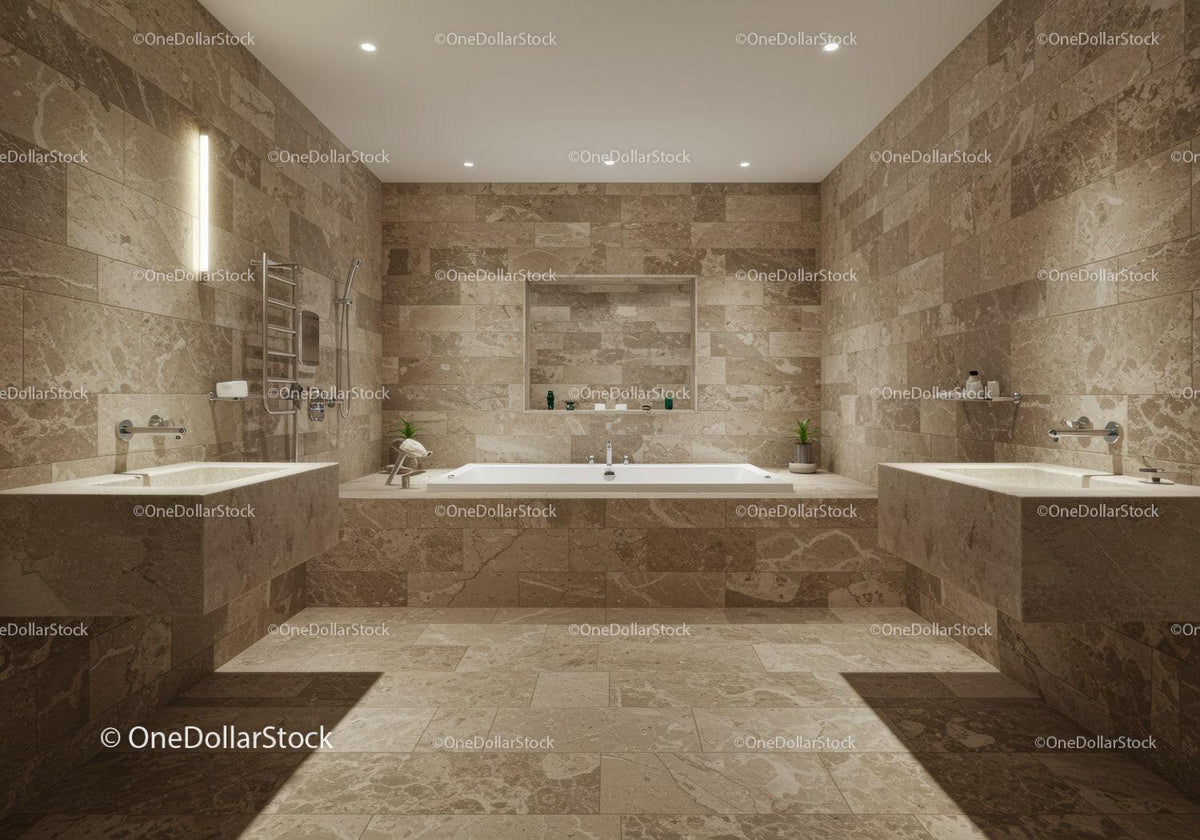 Elegant Beige Marble Bathroom with Large Tub and Modern Fixtures